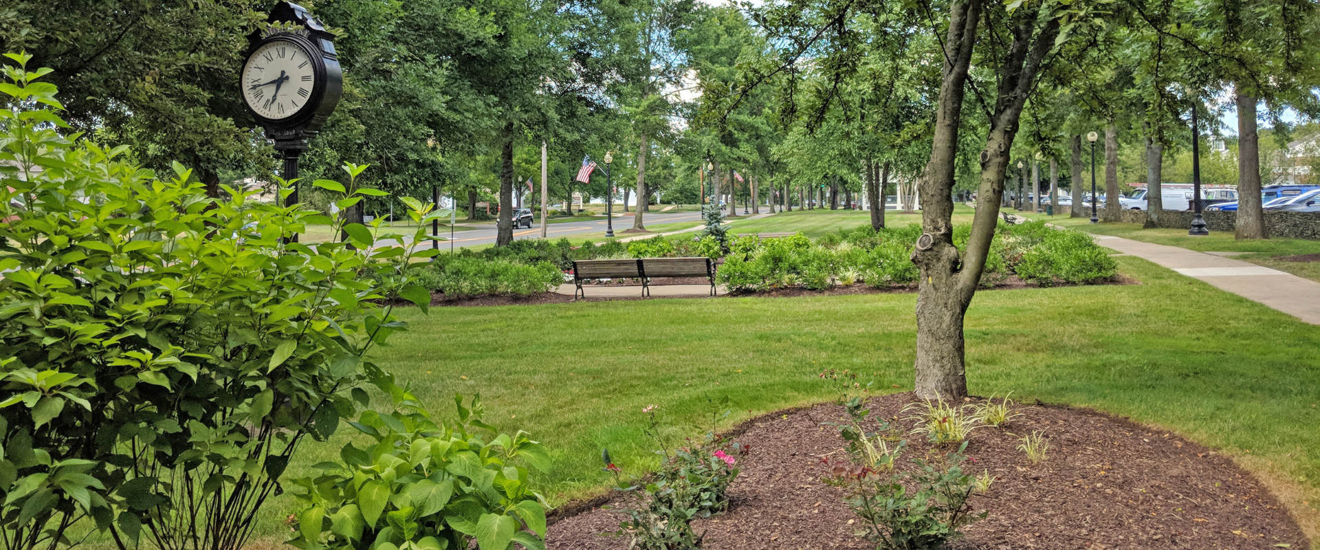 Southbury Green park with trees, a clock and a bench